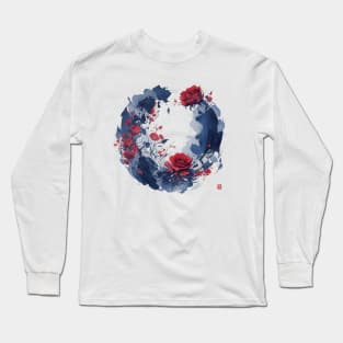 Red Roses and Paint Japanese Ink Painting Long Sleeve T-Shirt